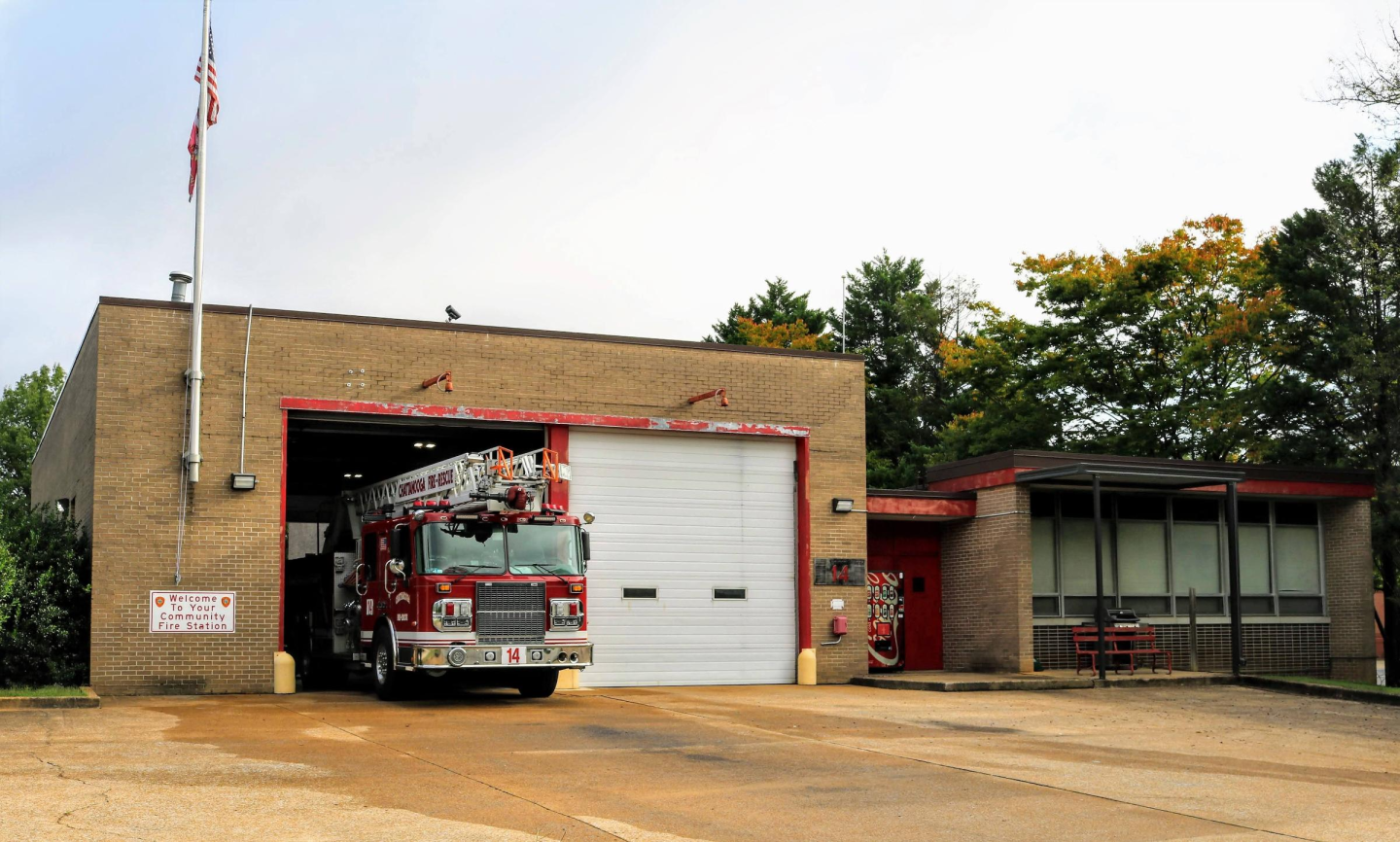 Fire truck parked at fire station 14.