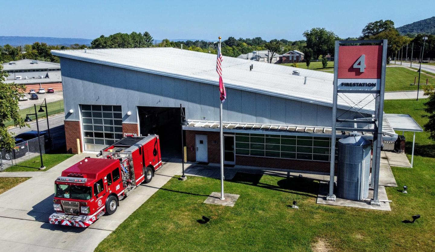 Fire truck parked outside Fire Station 4.