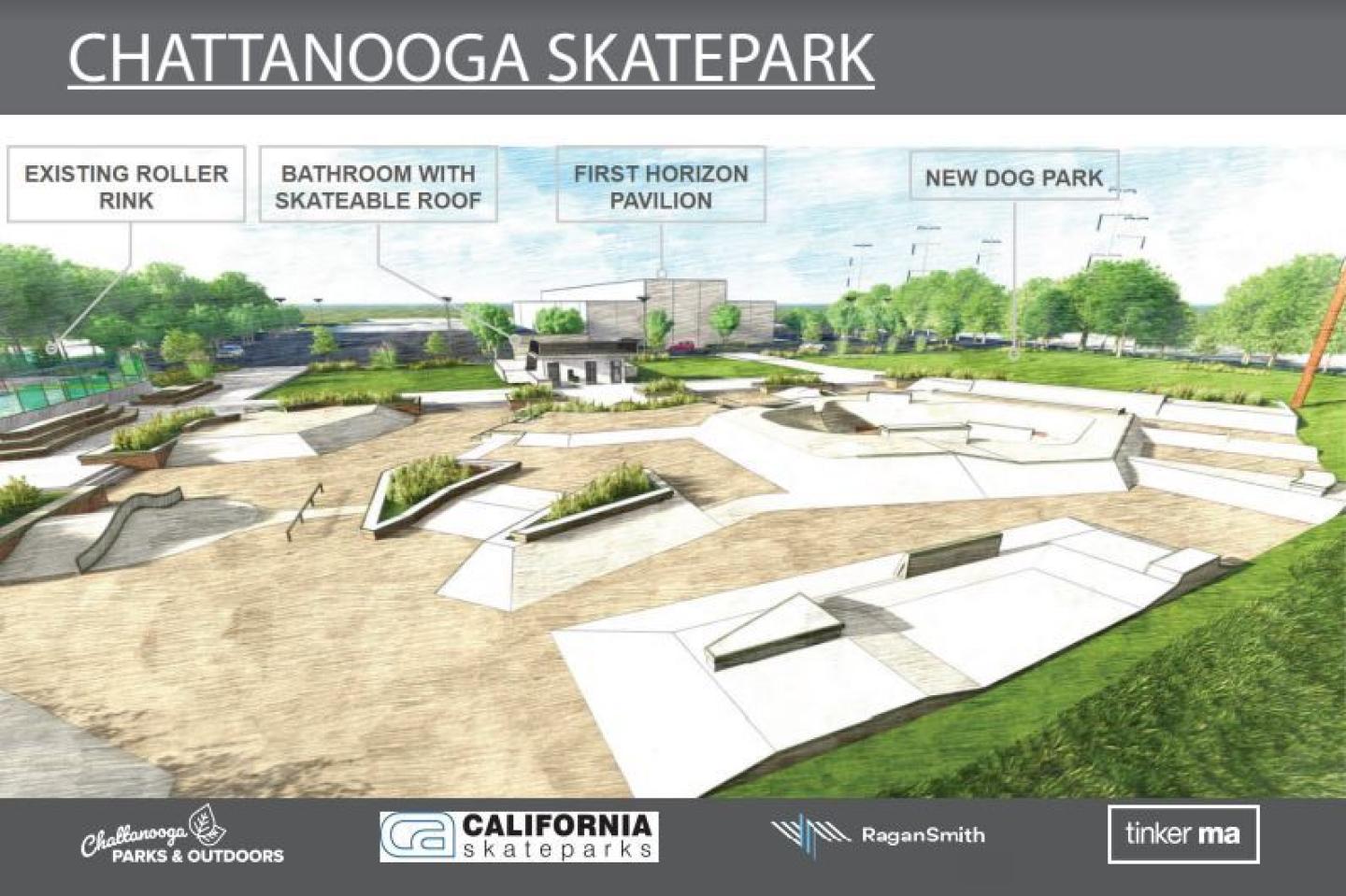 Aerial layout of the proposed Chattanooga Skatepark including a dog park, stage, seating areas, and various skatepark features.