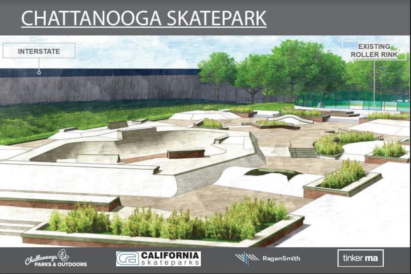 Perspective view of the Chattanooga Skatepark showcasing ramps, a bathroom with a skateable roof, and adjacent facilities.