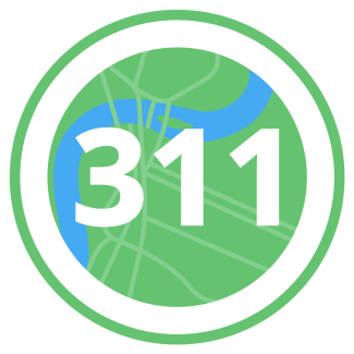 311 service logo with white text, green and blue map background, and black circle outline