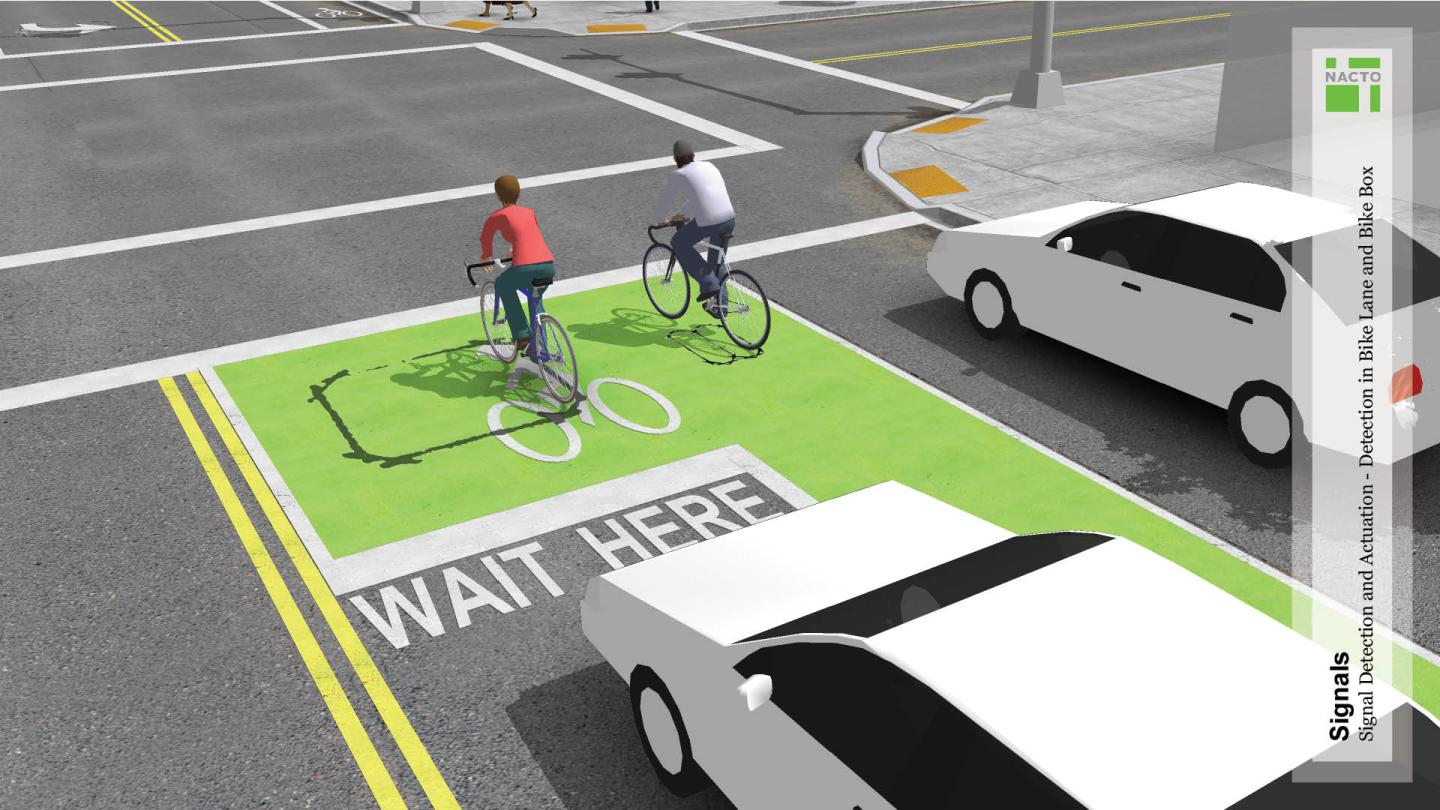 Two cyclists riding in a bike lane with designated bike boxes for safety