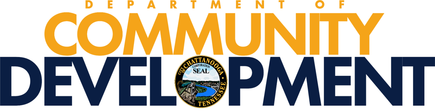 Logo of the Department of Community Development featuring bold yellow 'COMMUNITY' text, dark blue 'DEVELOPMENT' text, and a circular city seal of Chattanooga, Tennessee in the center.