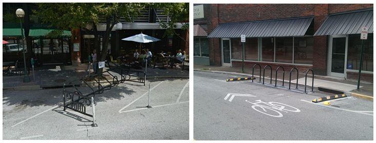 Left Image: "Street view with bike racks and a small outdoor dining area shaded by an umbrella; people sitting at tables and storefronts in the background." Right Image: "Street view with multiple bike racks in a designated bike parking area; brick buildings and a sidewalk in the background."