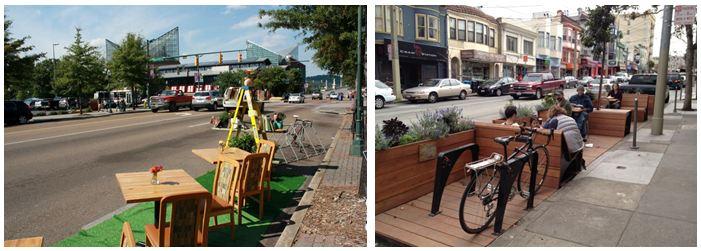 Left Image: "Urban street scene with wooden parklets featuring tables and chairs on a green turf area; vehicles and a large building in the background." Right Image: "Urban street scene with a wooden parklet featuring tables, chairs, and bike racks; people sitting and buildings in the background."