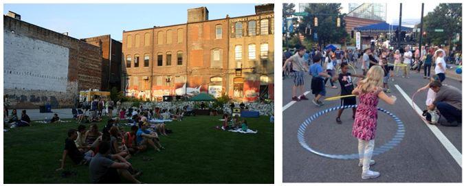 Left Image: "Outdoor gathering in a city plaza with people sitting on the grass; brick buildings in the background with colorful graffiti." Right Image: "Street event with children and adults playing with hula hoops on a closed road; buildings and a blue tent in the background."