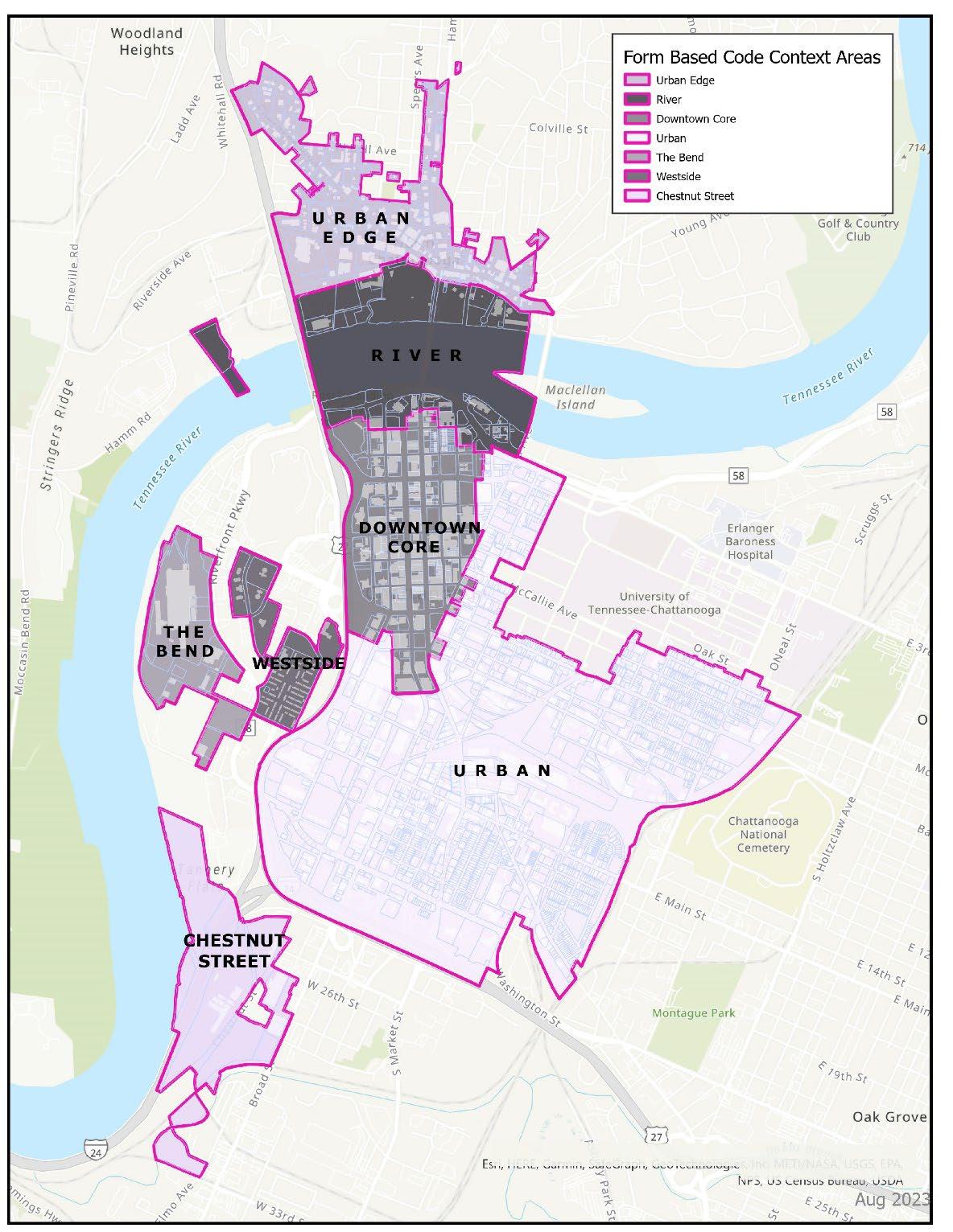 Map of Form Based Code Context Areas in Chattanooga, Tennessee, with various zones highlighted in different colors: Urban Edge (light pink), River (dark gray), Downtown Core (pink), The Bend (purple), Westside (light purple), Urban (light gray), and Chestnut Street (white)